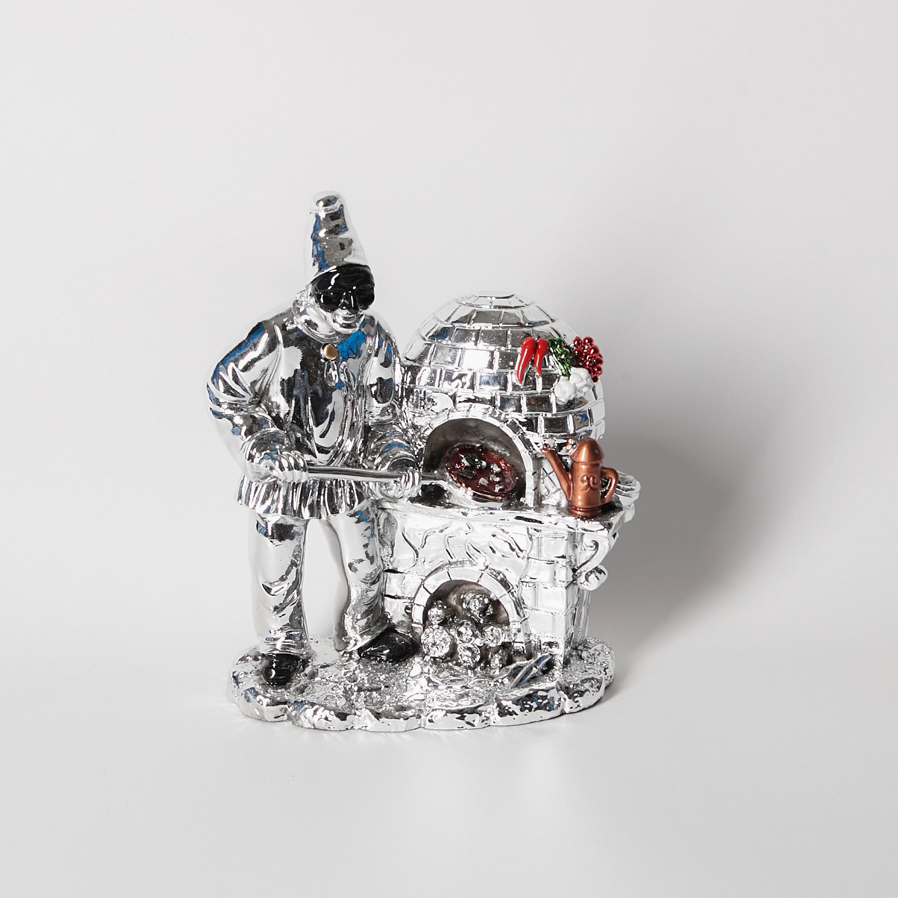 SILVER-PLATED PULCINELLA STATUE WITH PIZZA OVEN