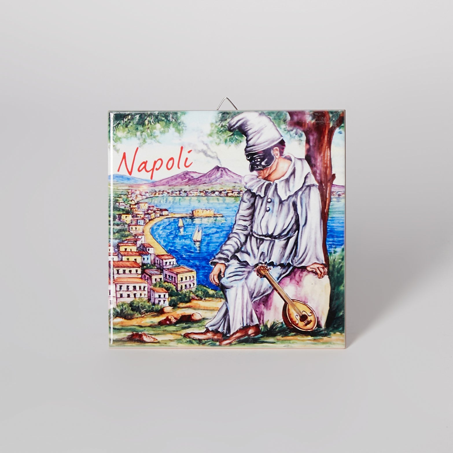 TILE WITH VIEW OF NAPLES AND PULCINELLA